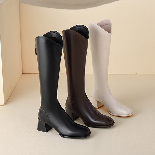 Women's Elastic Square Toe Chunky V Cut Back Zipper Slimming Below Women's Leather Boots