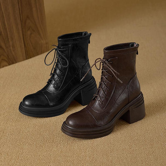 Thick Skinny Back Zip Platform Stretch Stitching Ankle Heels