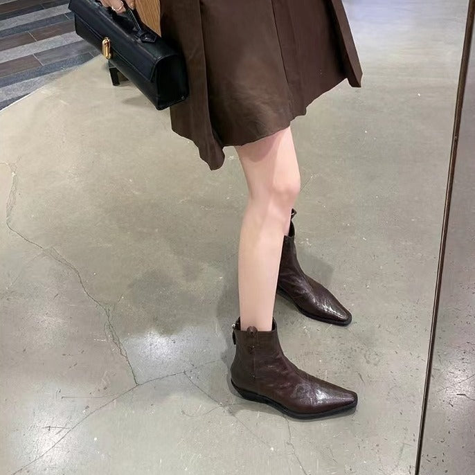 Women's Pointed Toe V-shaped Mouth Slimming Thick Wrinkle Western Short Martin Women's Leather Boots