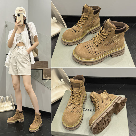 Women's Hollow Martin Summer Soft Retro Short Cow Suede Women's Leather Boots