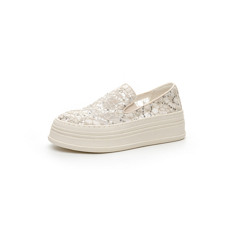Women's Mesh Surface Thick Bottom Breathable Height Increasing Slip-on Lace Sequined Loafers