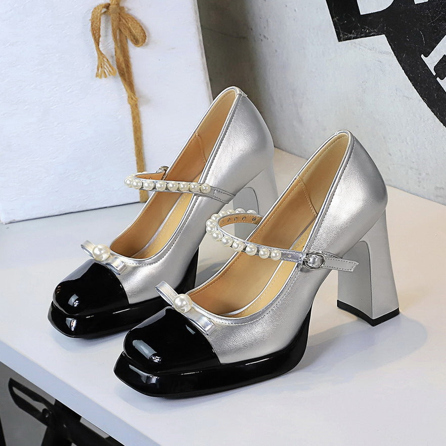 Women's Mary Jane Low-cut Waterproof Platform Bow With Pearl High Women's Fashion Shoes