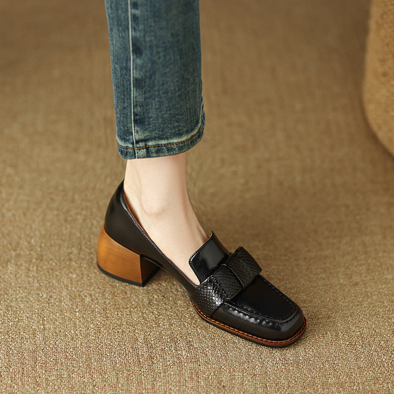 Bowknot Elegant Square Toe Solid Color Mid Single-layer Women's Fashion Shoes