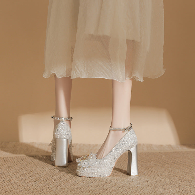 The Debris Thin Glittering Waterproof Platform Mary Jane Square Toe Women's Fashion Shoes