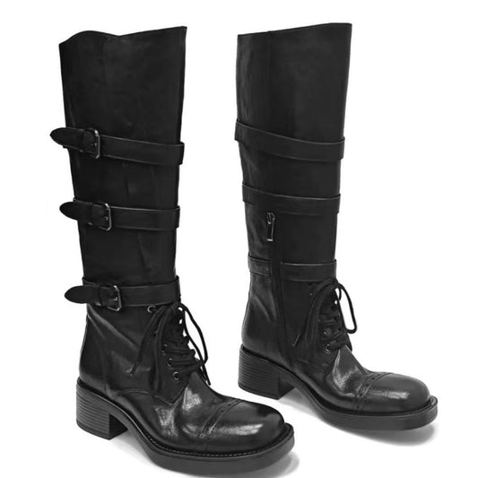 Women's High Motorcycle Genuine Strap Handsome Retro Heels