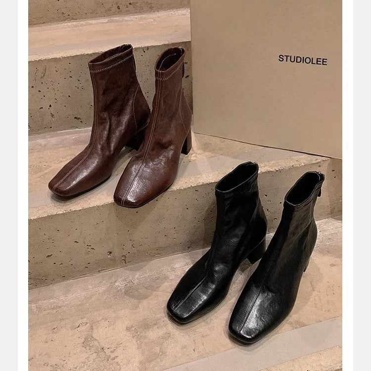 Women's French Style Square Toe Distressed Shrink Horse Slimming Chunky Women's Leather Boots