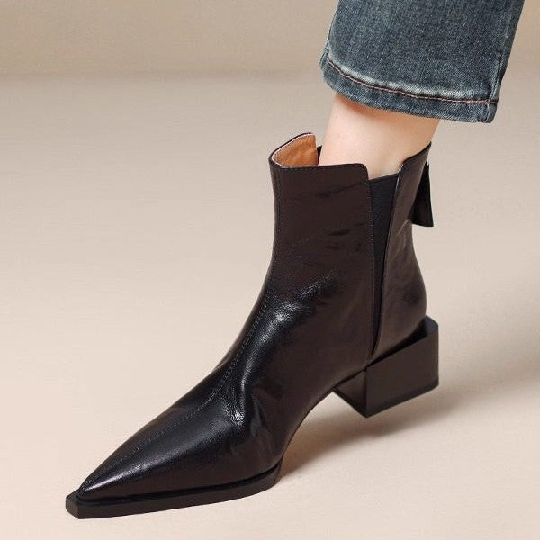 Women's Black Short Thick Thin Retro Martin Women's Leather Boots