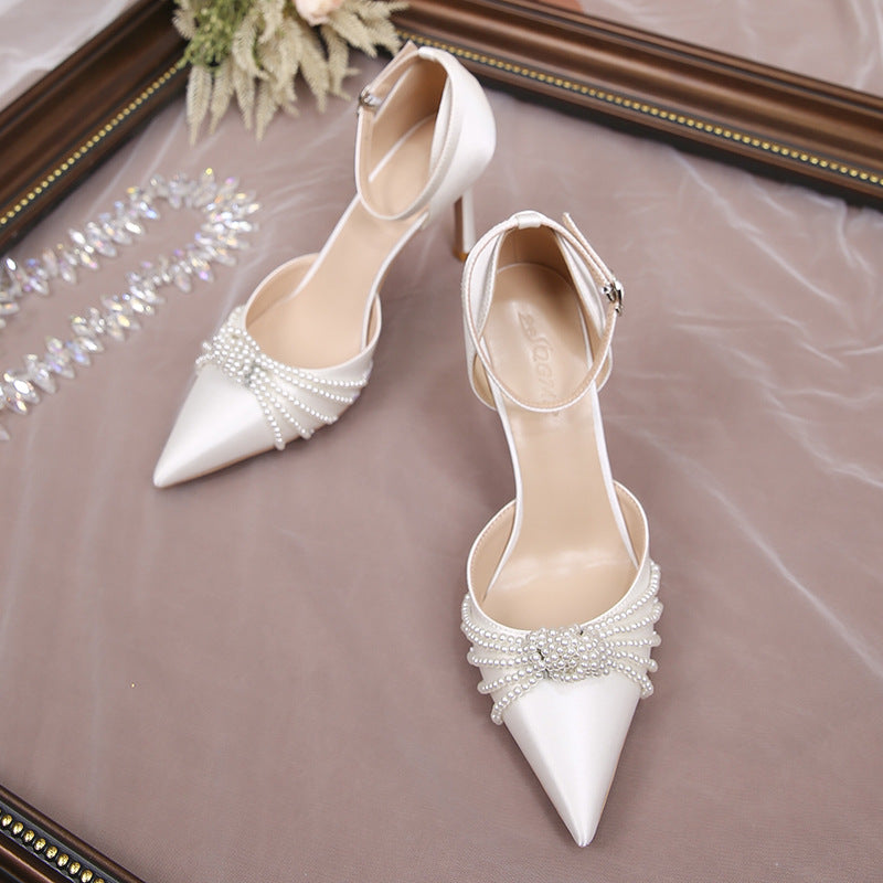 Women's Multiple Pearl Pointed Toe Stiletto Buckle Strap High Sexy Heels