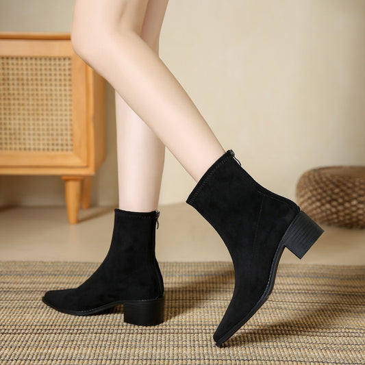 Women's Spring Single Thick Back Zipper French Suede Women's Leather Boots