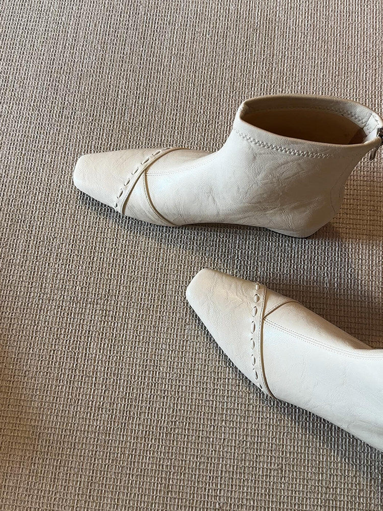 Women's Version Square Toe Genuine Simple Skinny French Gentle Back Zipper Women's Leather Boots