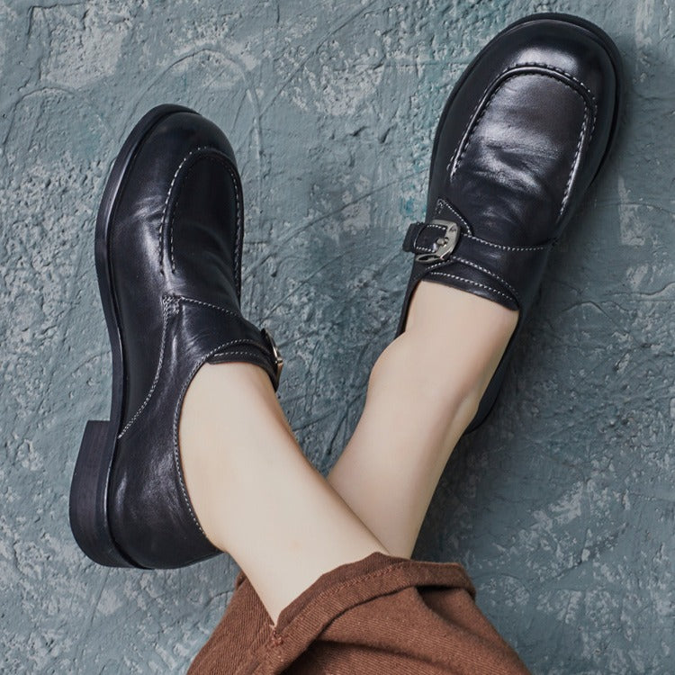 Style Washed Cowhide Round Toe Handmade Adjustable Buckle Fashion Deep Women's Casual Shoes