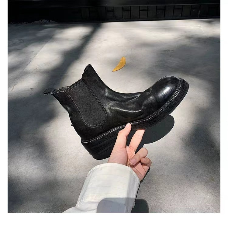Women's Cowhide Washed Horse Pleated Chunky Platform Smoke Boots