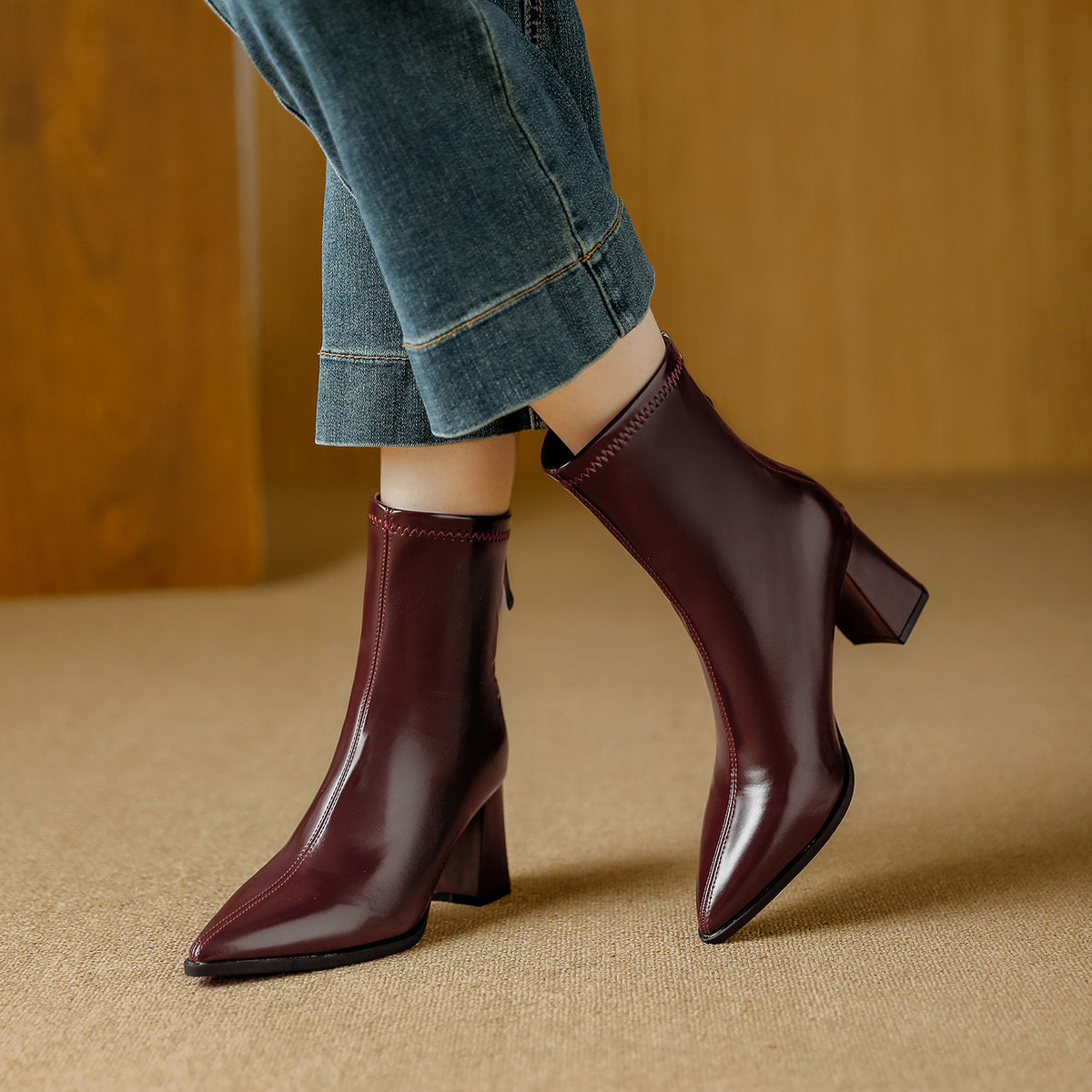 Women's Pointed Toe Chunky Booties Style Versatile Simple Back Zipper With Women's Leather Boots