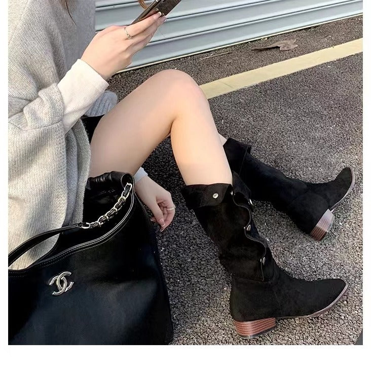 Women's Hot Lapel Pleated Pile Pointed Toe Long Tube Western Women's Leather Boots