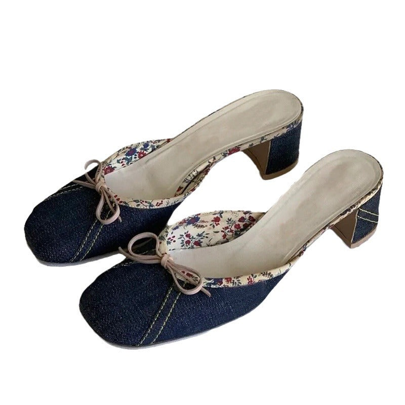 Women's Niche Denim Square Toe Bow Thick Semi Women's Fashion Shoes