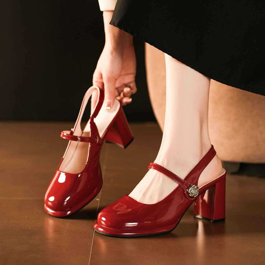 Pumps Rhinestone Square Buckle One-word With Chunky Commuter Toe Back Women's Fashion Shoes