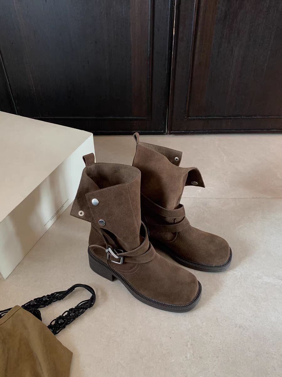 Height Increasing Autumn Fold Two-way Buckle Cow Suede Boots