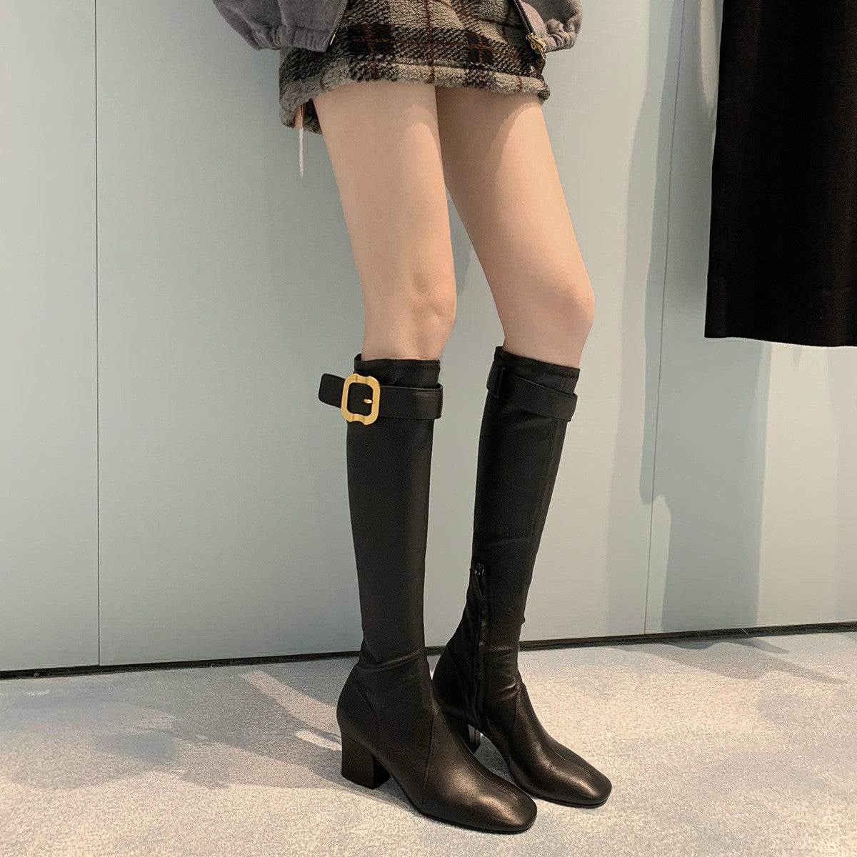 Chunky Zhang Gold Buckle Half Zipper Long Heels