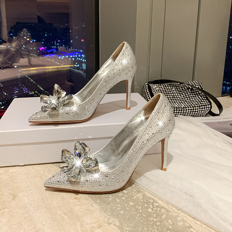 Women's Cinderella Crystal Stiletto Pointed Toe Low-cut Rhinestone Plus Size Bridal Women's Fashion Shoes