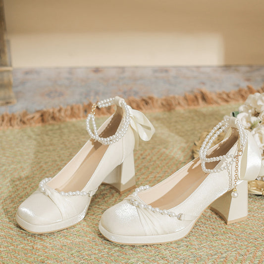 Women's High Small Chunky Adult Ceremony Wedding Dress Two-way Engagement Heels