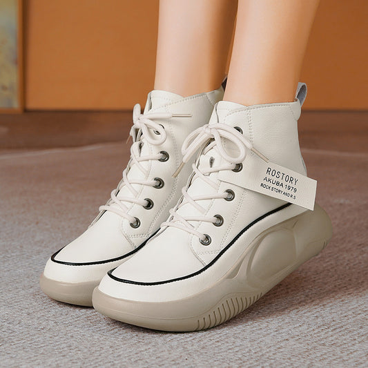 Women's Genuine High Top White Fleece-lined Ankle Thick-soled Women's Casual Shoes