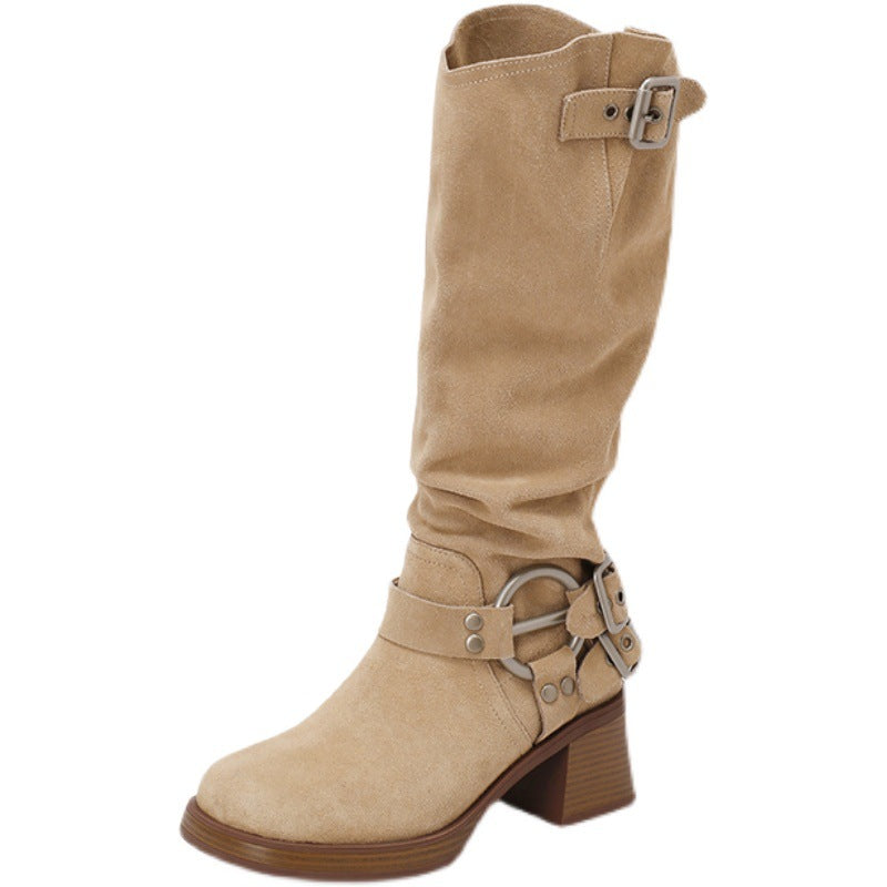 Long Female Chunky High Pile Style Western Cowboy Frosted Women's Leather Boots