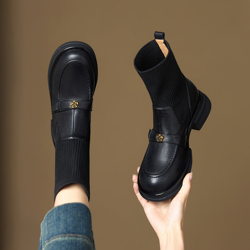 Women's British Style Skinny Knitted Elastic Socks Women's Leather Boots