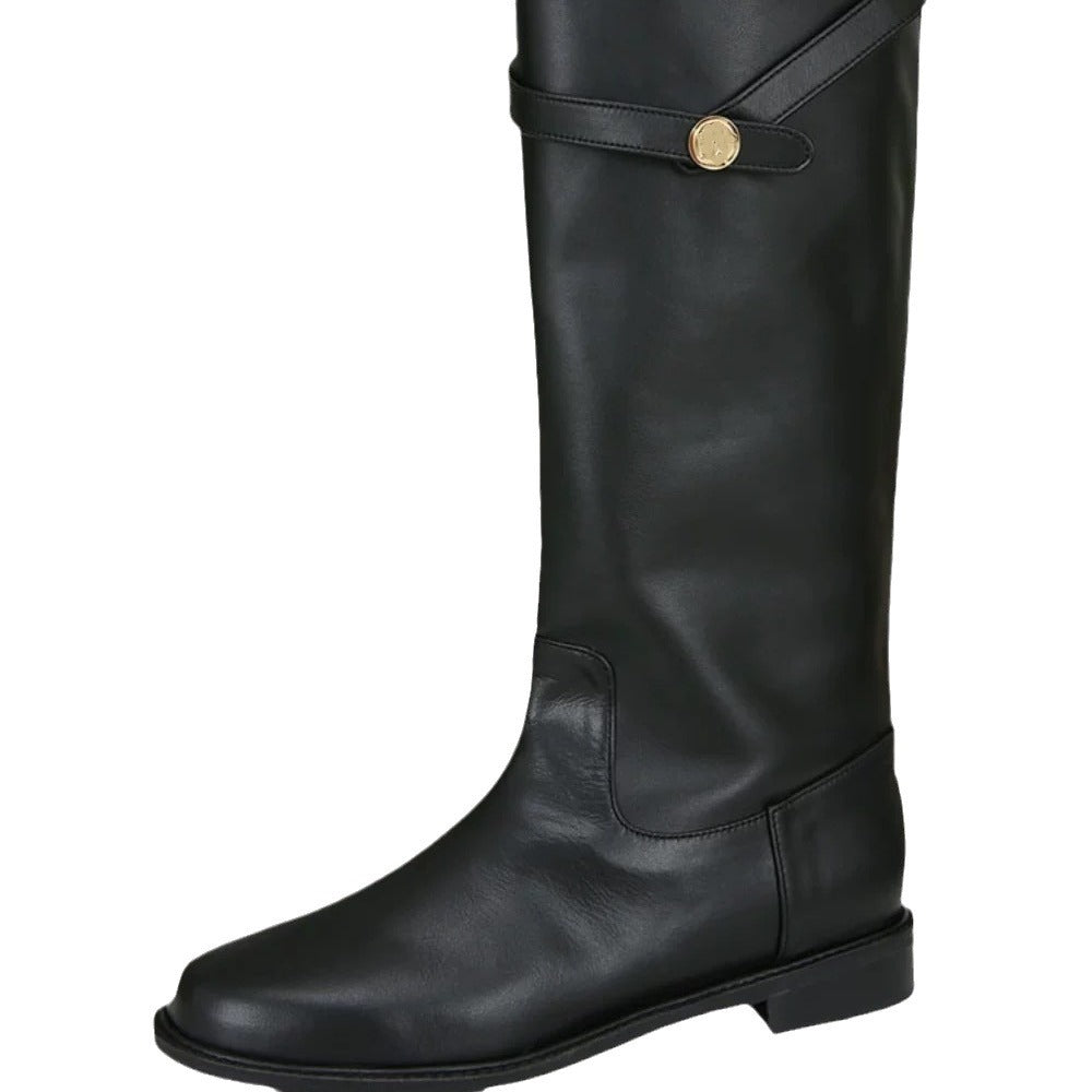Women's Korean Style Handmade Thigh High Square Chunky Heels