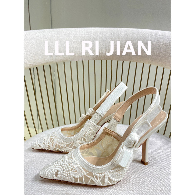 Women's Lace Embroidered Toe Box Mid Kitten High Heeled Sandals