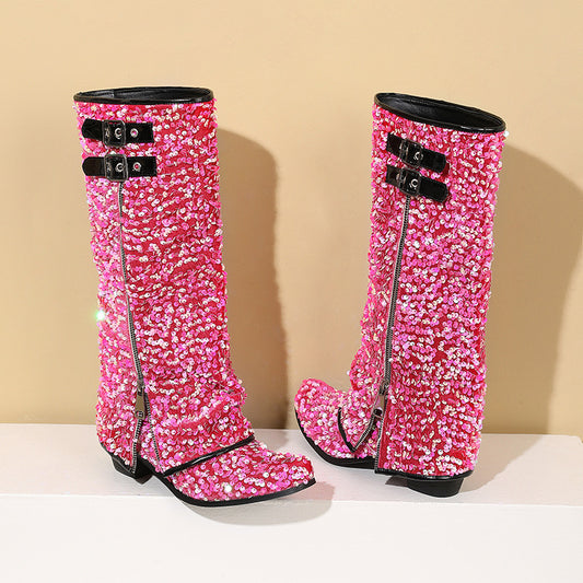 Women's Sequined Zipper Assorted Colors Low High Women's Leather Boots