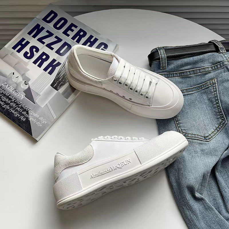 Women's Thick Sole Height Increasing White Breathable Board Muffin Comfortable Canvas Shoes