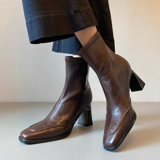 Women's French Style Square Toe Chunky Short Simple Temperament Slim Women's Leather Boots