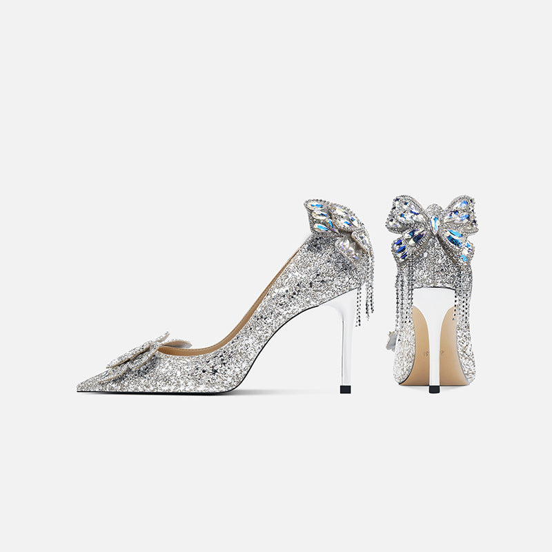 Bridal Pointed Toe Design Sequined Tassel Butterfly Shallow Heels
