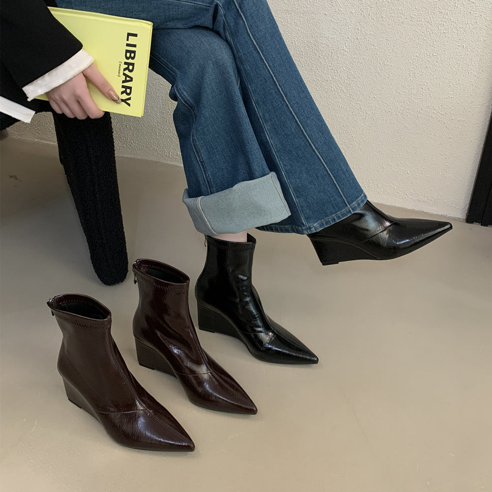 Women's High-grade Pointed Toe Wedge Short Back Zipper Skinny High Women's Leather Boots