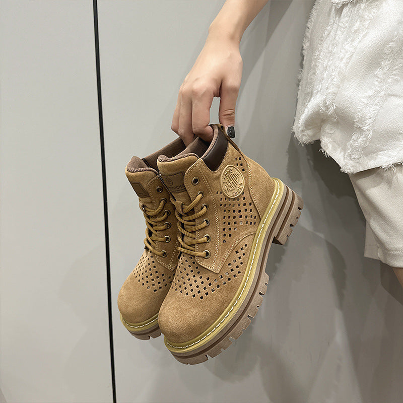 Women's Hollow Martin Summer Soft Retro Short Cow Suede Women's Leather Boots