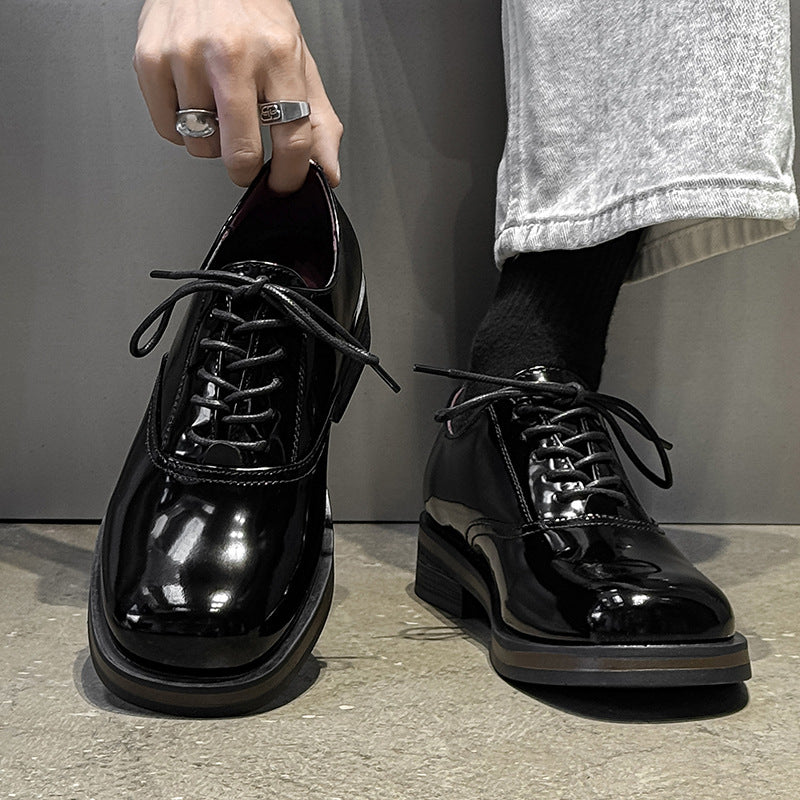 Summer British Style Thick Bottom Height Increasing Square Head Commuter Men's Casual Leather Shoes