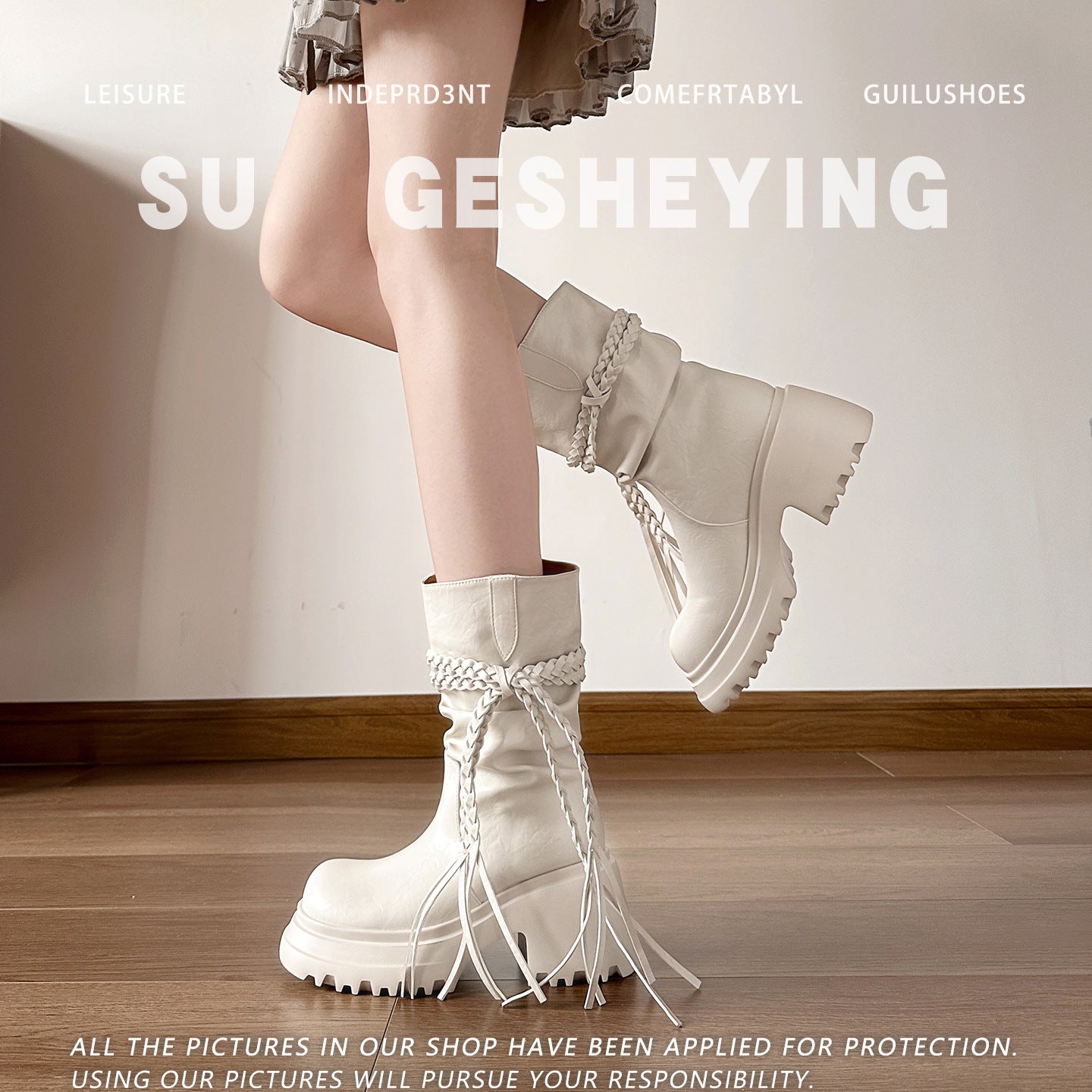 Women's Waste Soil Style Pleated Pile Slimming Round Toe Thin Boots