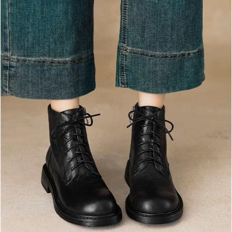 Women's Lace Up Martin For Mid British Style Round Toe Women's Leather Boots