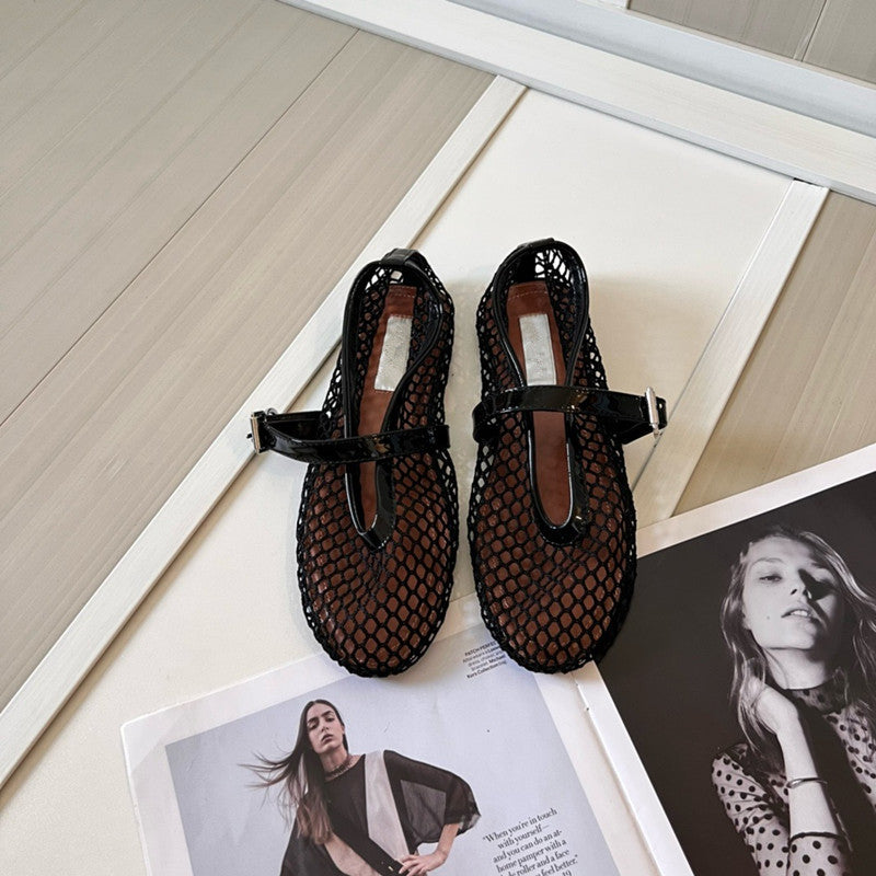 Mary Jane Mesh Breathable Buckle Ballet Full Diamond Hole Slippers