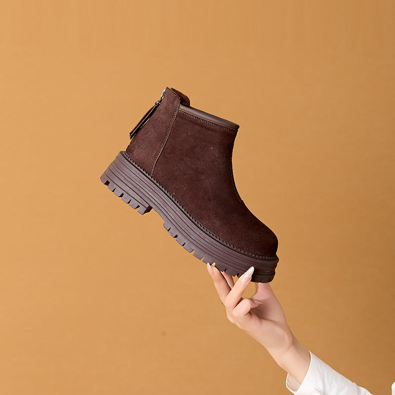 Women's Winter Vintage Fleece-lined Warm Side Zipper Frosted Cowhide Platform Women's Leather Boots