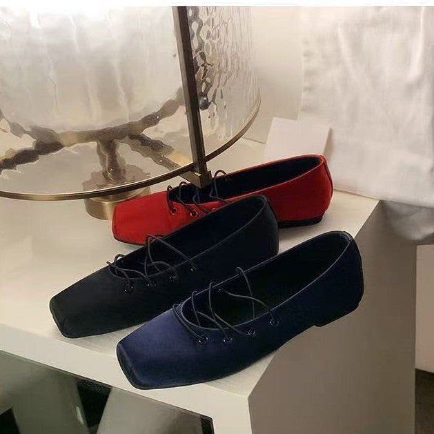 Satin Cross Belt Ballet Pumps Female Temperament Square Toe Mary Women's Fashion Shoes