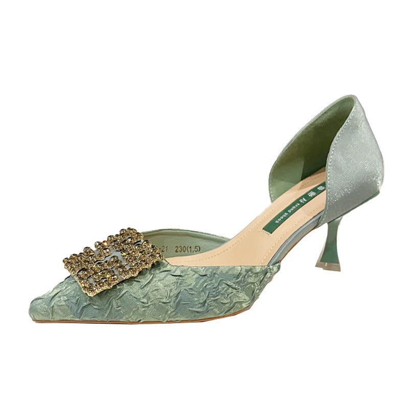 Women's Spring Rhinestone Square Buckle Satin Pointed High Women's Fashion Shoes