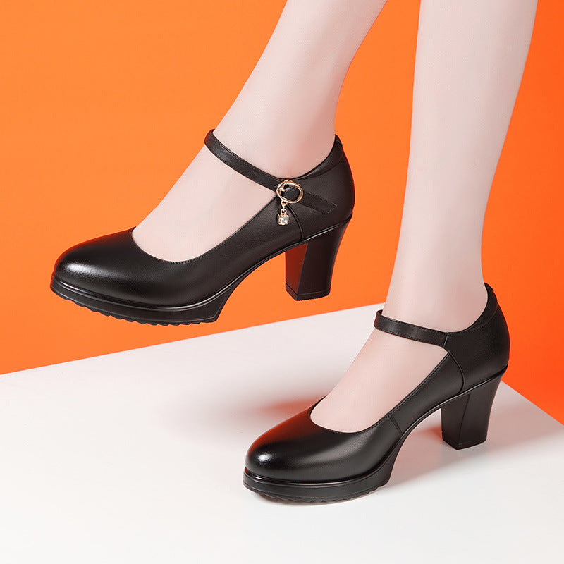 Women's High Chunky Waterproof Platform Cheongsam Model Pumps Pointed Black Soft Leather Shoes