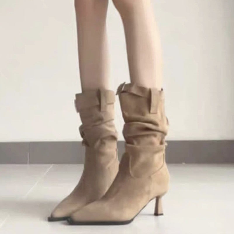Women's Fleece-lined Pleated Pile Style High French Small Women's Leather Boots