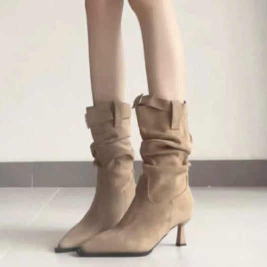 Women's Fleece-lined Pleated Pile Style High French Small Women's Leather Boots