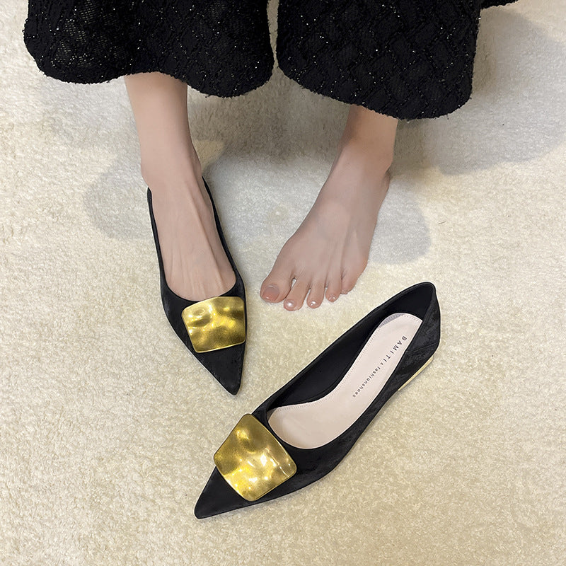 French Style Low Metallic Decorative Button Women's Fashion Shoes