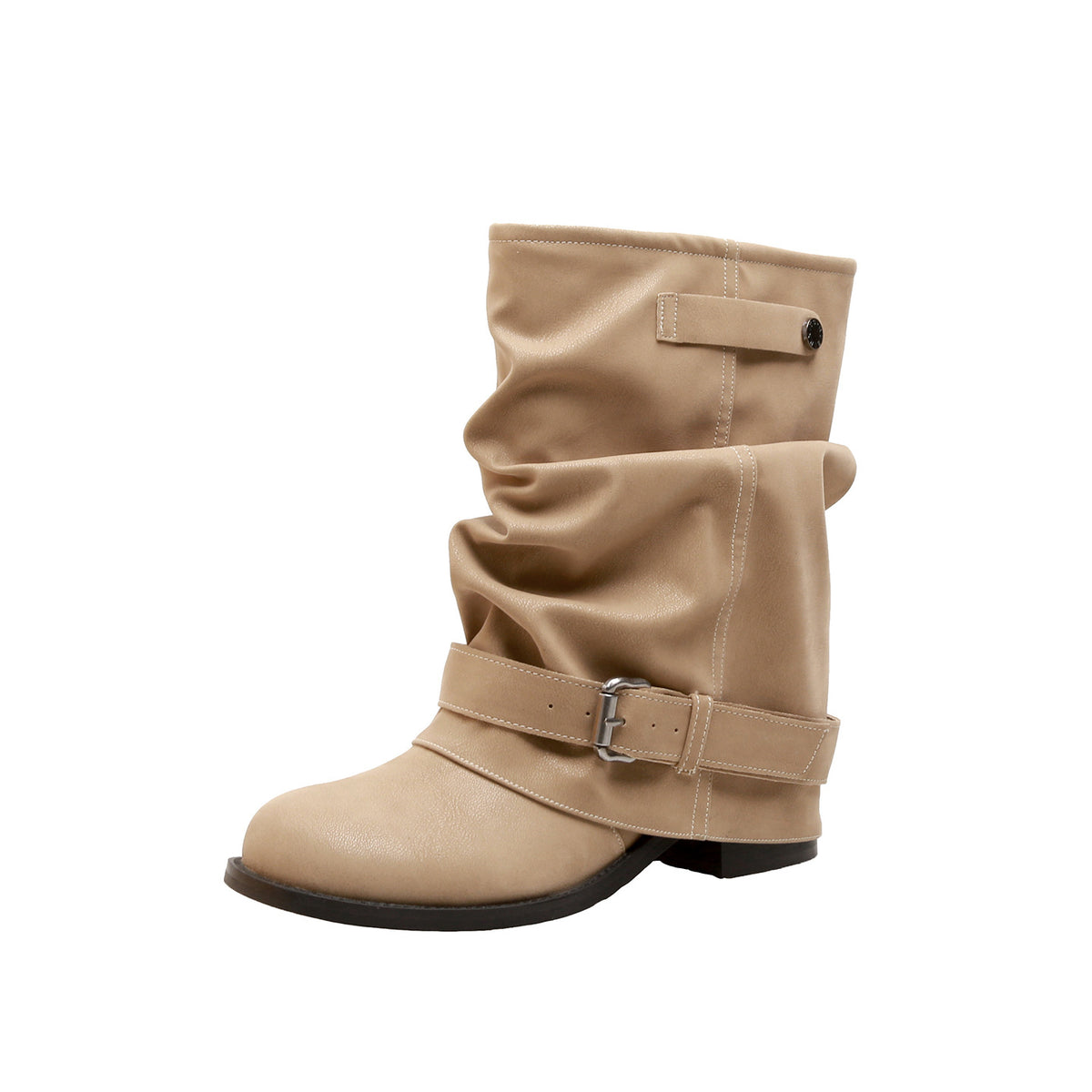 Women's Wear Height Increasing Insole Belt Buckle Chunky Ankle Pleated Pile Women's Leather Boots