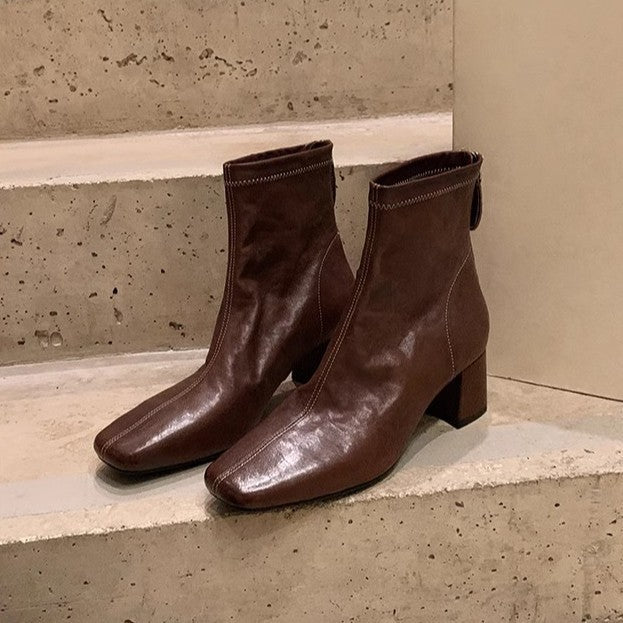 Women's French Style Square Toe Distressed Shrink Horse Slimming Chunky Women's Leather Boots