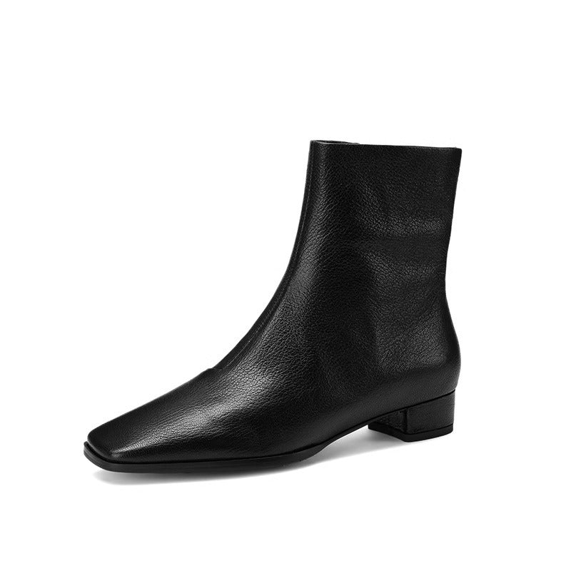 Women's Black Retro Ankle French Square Toe Chunky Women's Leather Boots