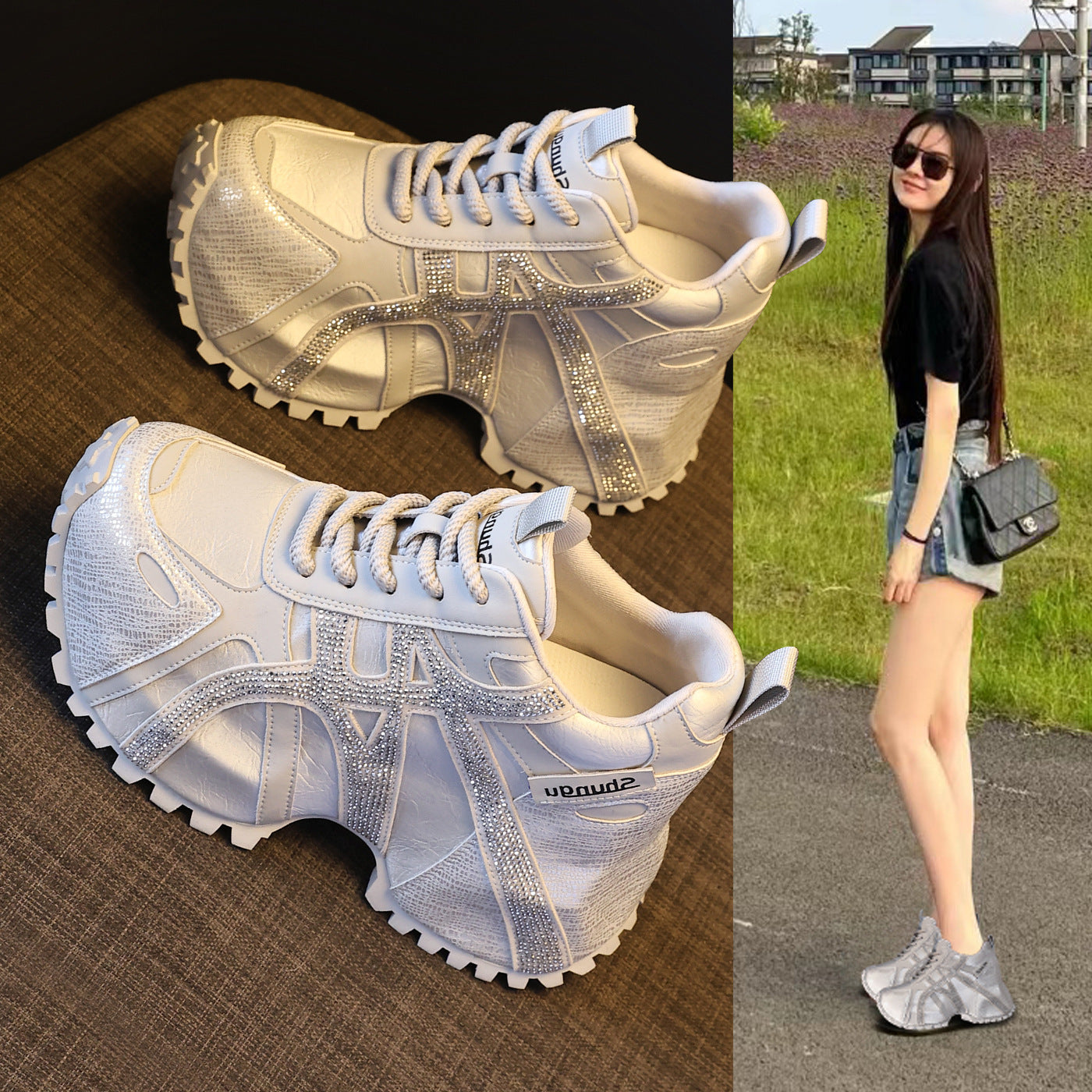 Women's Bottom Height Increasing Insole Fashion Rhinestone Dad Casual Shoes